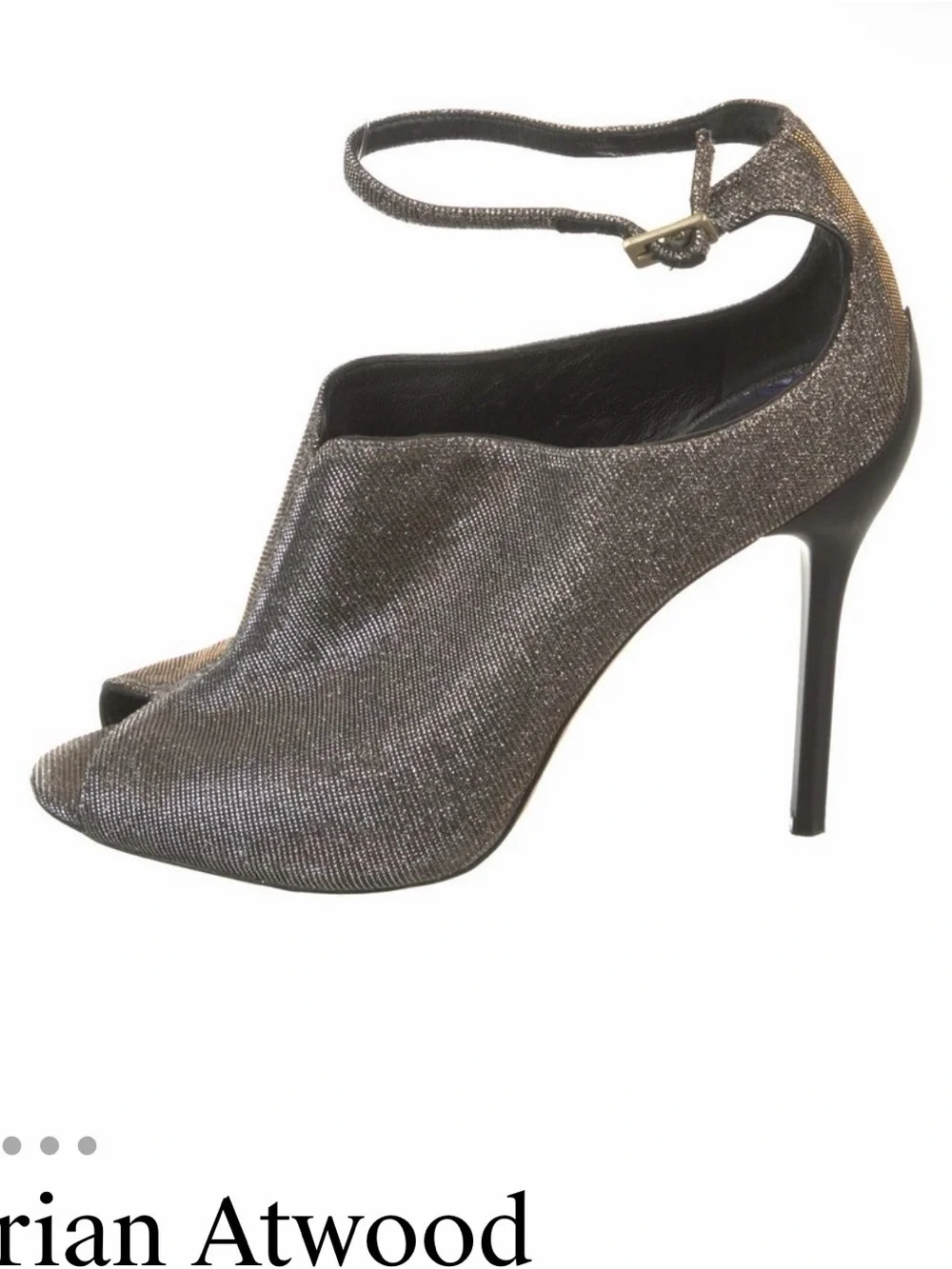 Brian Atwood Metallic Black and Gold Peep-Toe Slingback Heels
